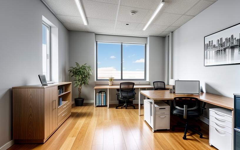 Mid-sized busy office with smiling employees. Mid-sized busy office with smiling employees.