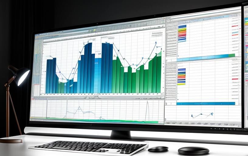 Computer screen and desk with upward projecting charts and graphs.