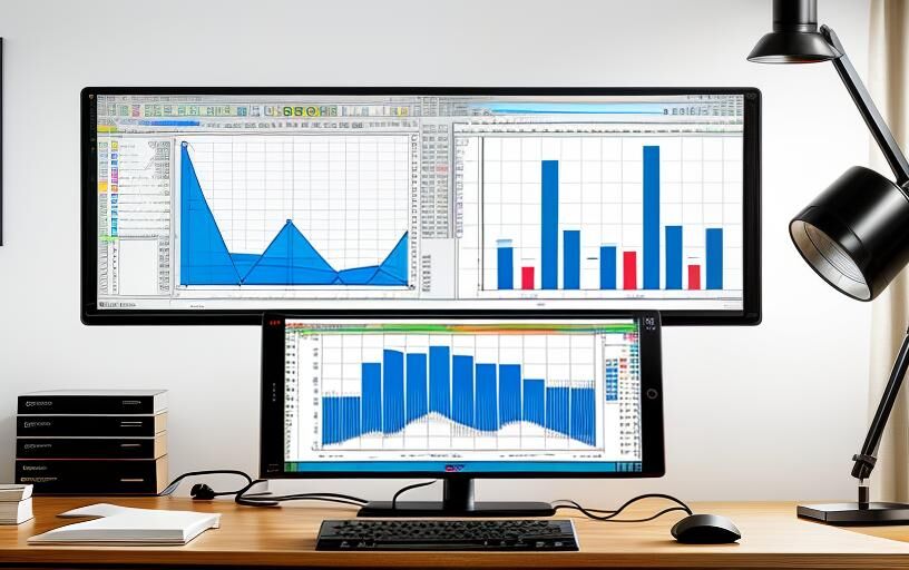 Computer screen and desk with upward charts and graphs.